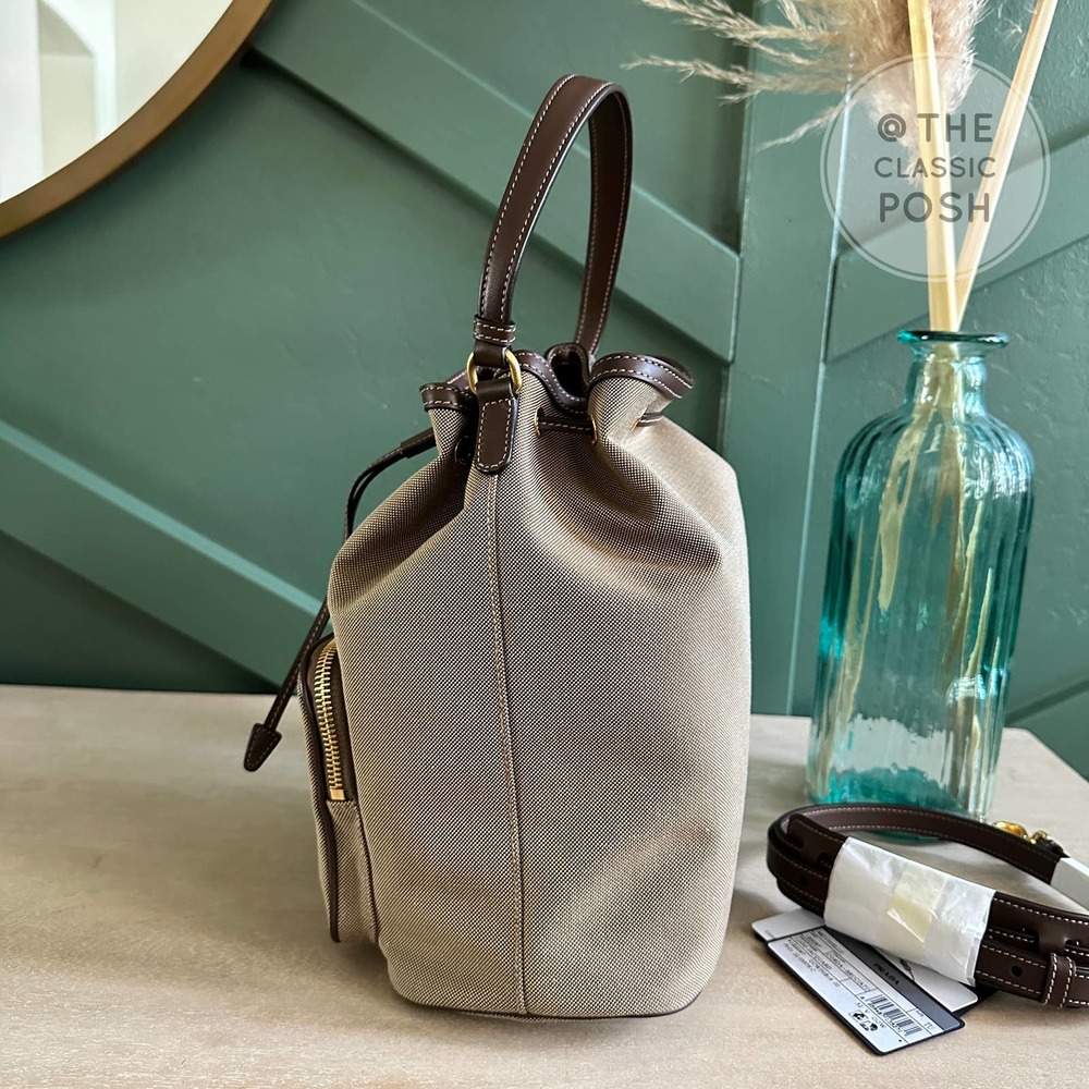 NEW Prada Jacquard Logo Bucket Brown Canvas Tote Small Crossbody Bag - Picture 6 of 12